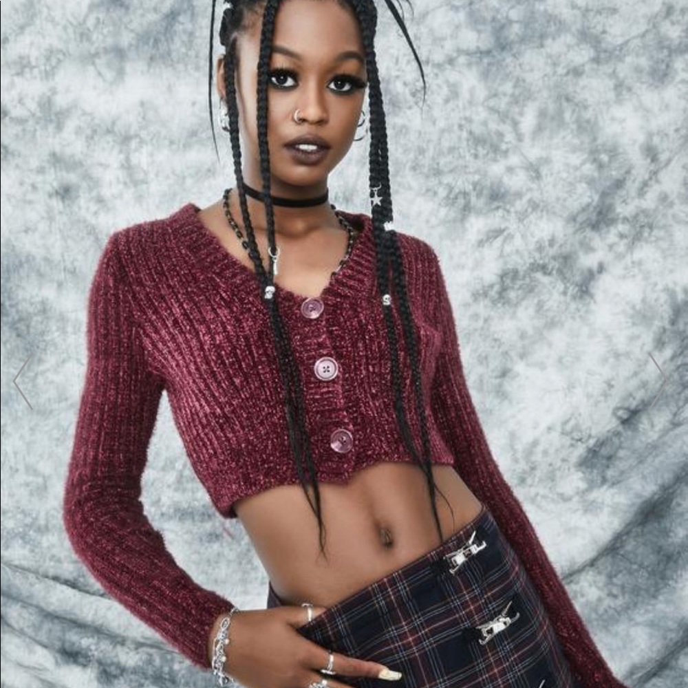 DollsKill Cropped Knit Burgundy Cardigan